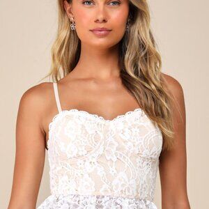 Lulus Sensationally Flirty White And Beige Lace Bustier Cami Top - Size S
